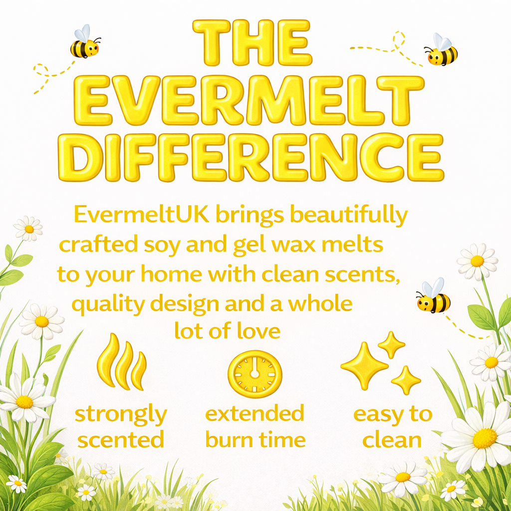 Advertisement for EvermeltUK wax melts with bees and flowers on a white background