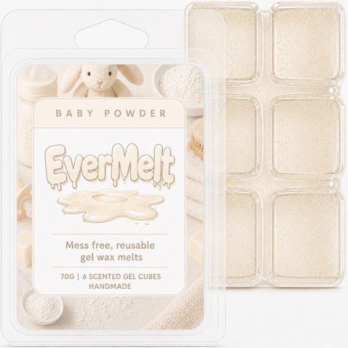 EverMelt baby powder scented wax melts packaging with six gel cubes.