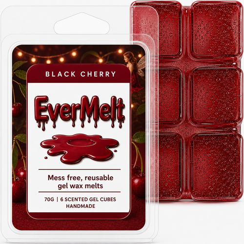 EverMelt Black Cherry wax melts packaging with red wax cubes.