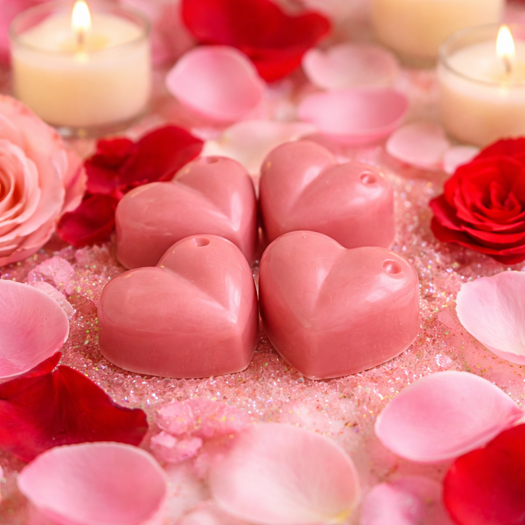 Heart-shaped pink candles surrounded by red and pink roses on a glittery surface.
