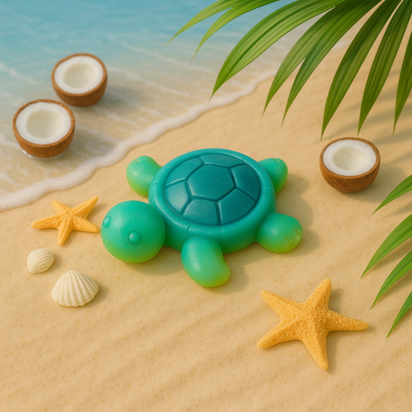 Soy wax turtle on a sandy beach with coconuts, starfish, and shells.
