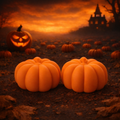Two pumpkins in a field with a haunted house silhouette and glowing jack-o'-lantern in the background.