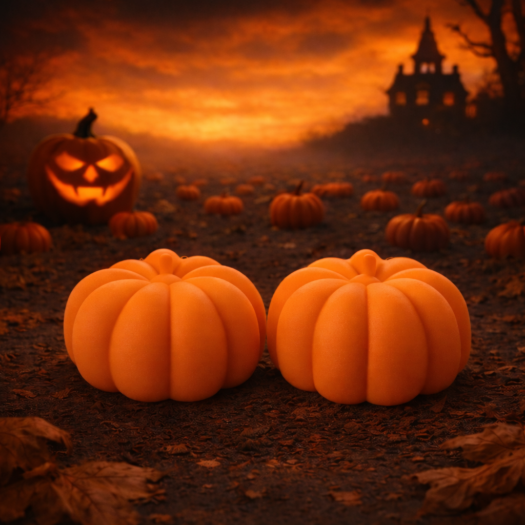 Two pumpkins in a field with a haunted house silhouette and glowing jack-o'-lantern in the background.