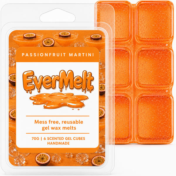 EverMelt Passionfruit Martini wax melts packaging with wax melts in the background
