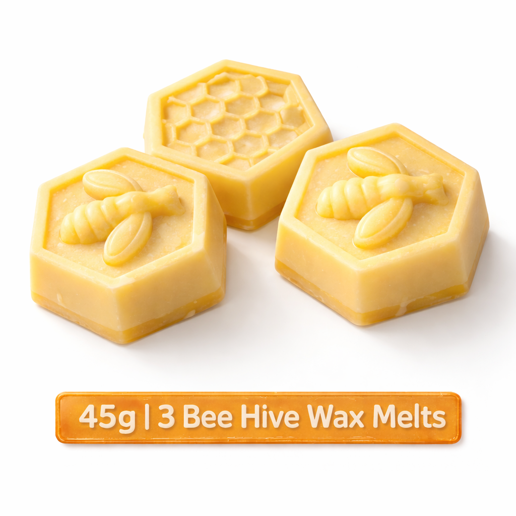 Three hexagonal bee hive wax melts with bee designs on a white background, labeled '45g | 3 Bee Hive Wax Melts'.