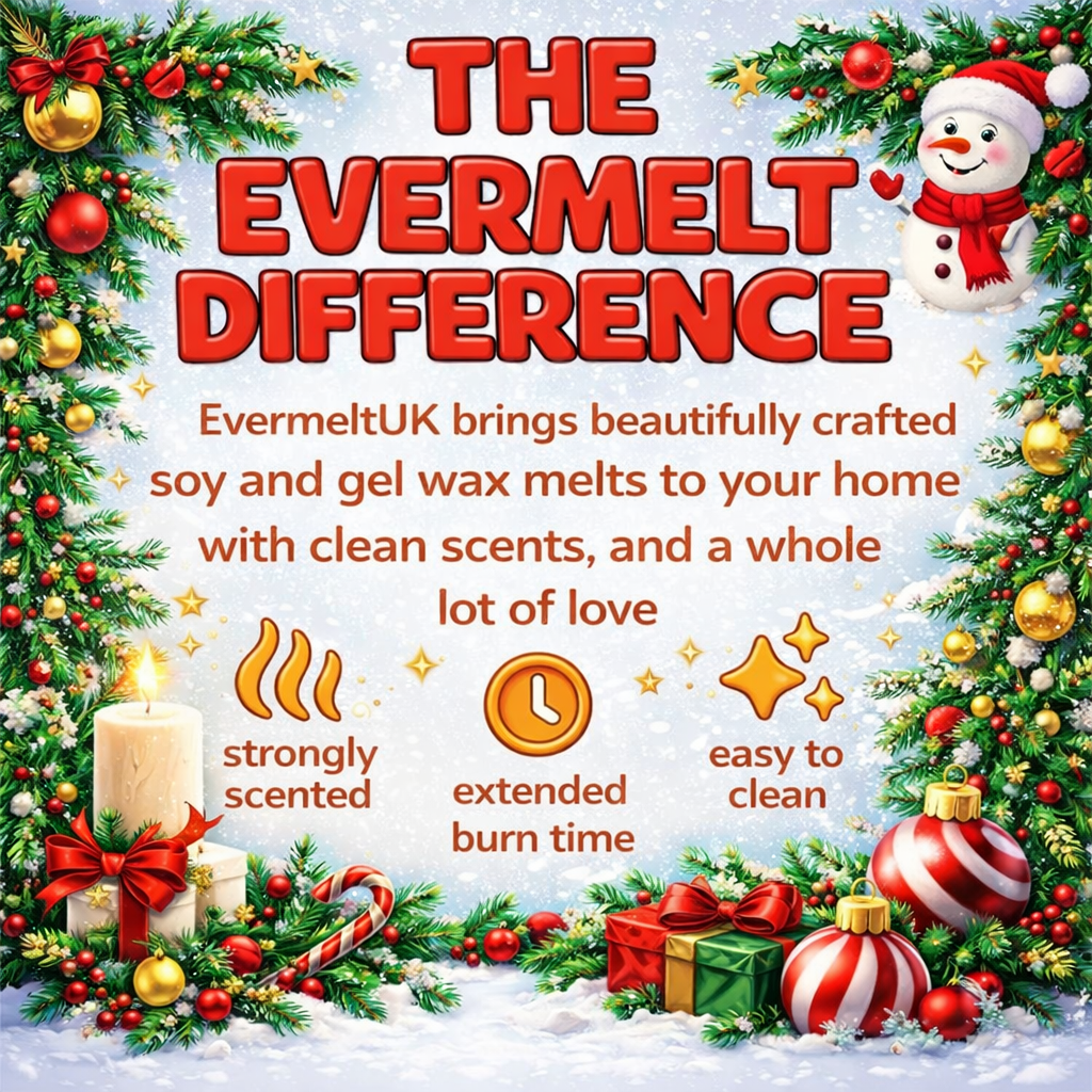 Promotional graphic for EvermeltUK with  Christmas themes, candles, and text about their products.