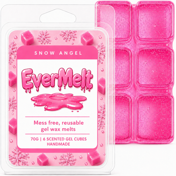 Pink wax melts packaging with 'Snow Angel EverMelt' branding on a white background