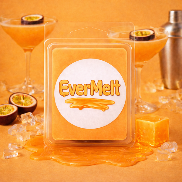 EverMelt wax melt packaging with an orange background and cocktail elements.