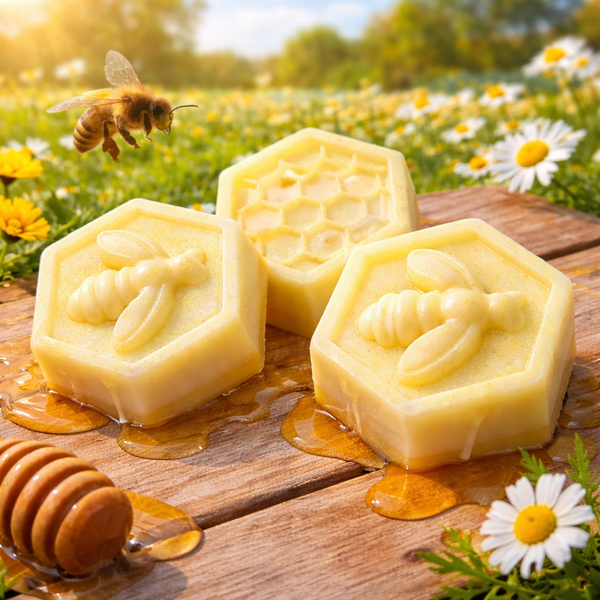 Three hexagonal honeycomb-shaped wax meltwith bee designs on a wooden surface, surrounded by flowers and a bee. 