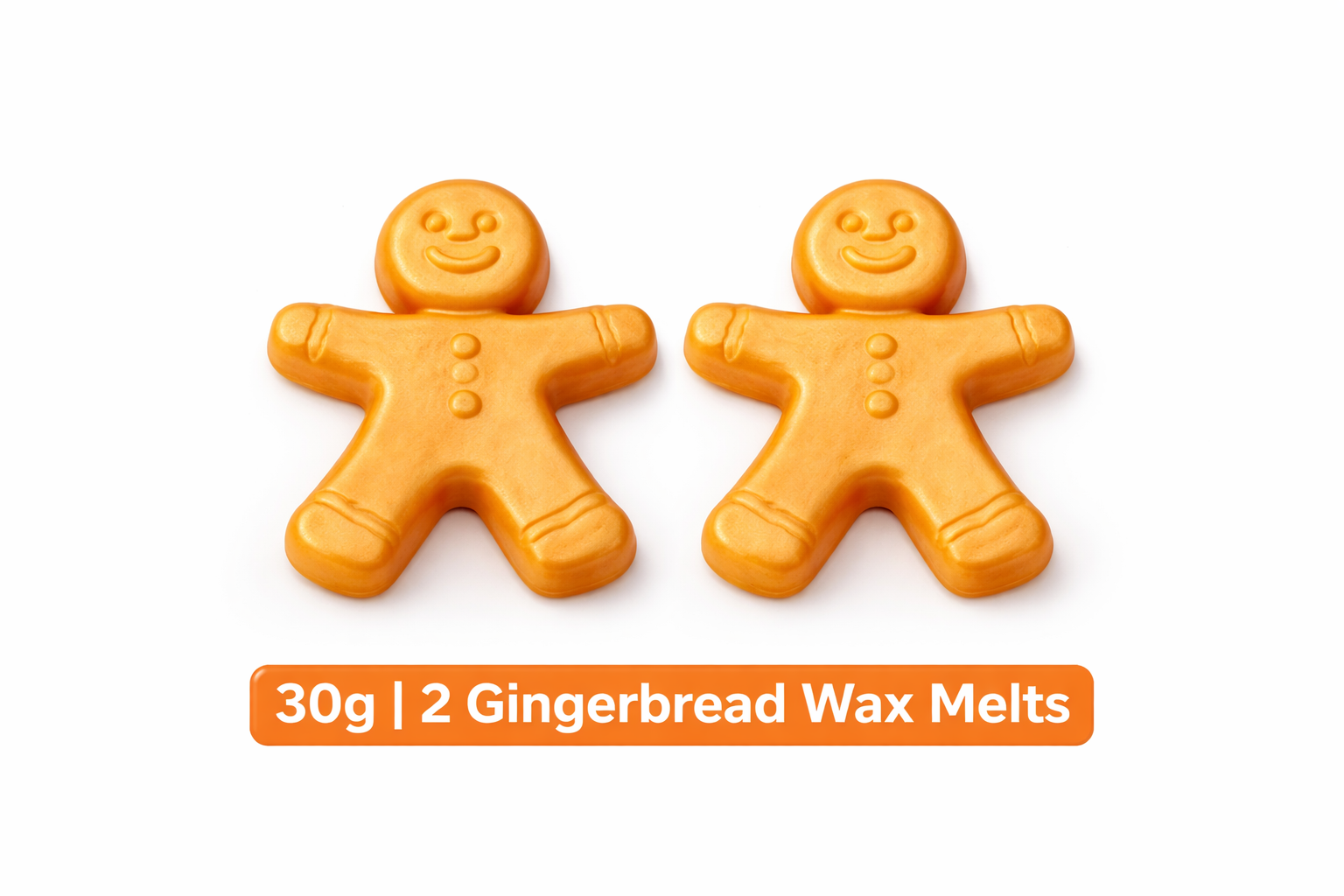 Two gingerbread -shaped wax melts on a white background with text indicating weight and quantity.