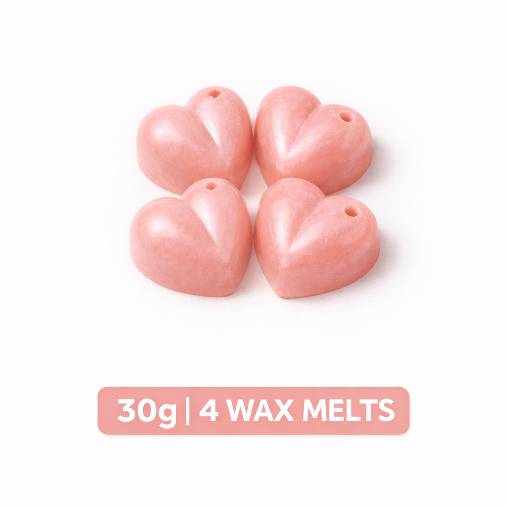 Pink heart-shaped wax melts on a white background with text indicating weight and quantity.