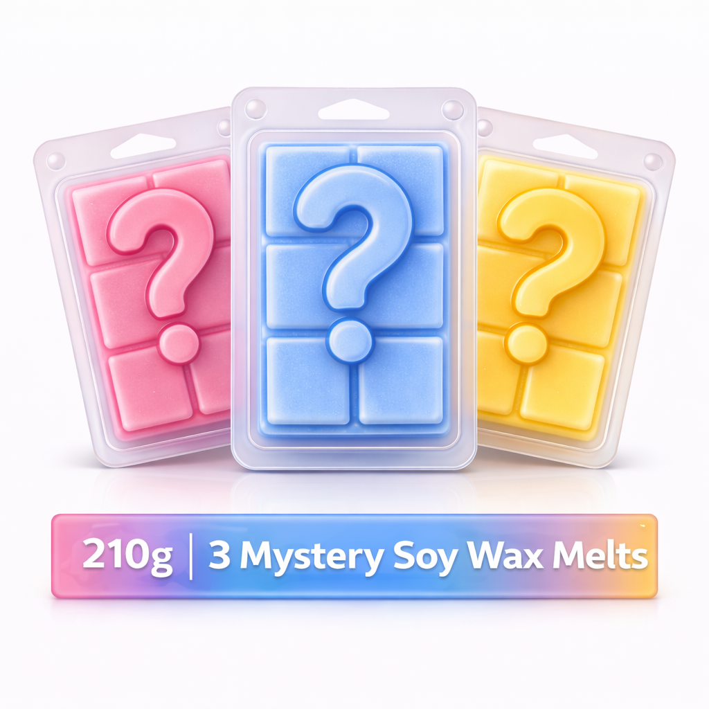 Three soy wax melts with question marks in packaging on a white background