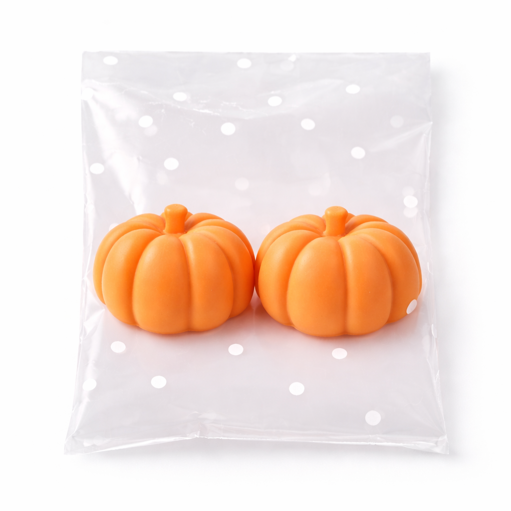 Two orange pumpkin-shaped objects in a clear polka dot bag on a white background