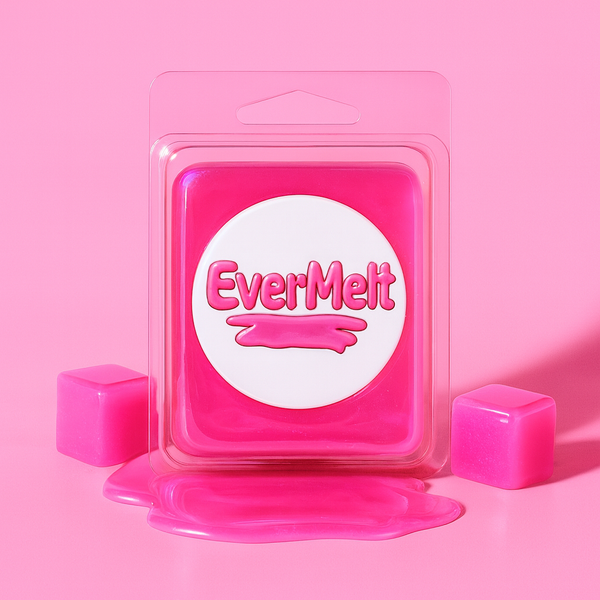 Pink wax melt package with 'EverMelt' branding on a pink background