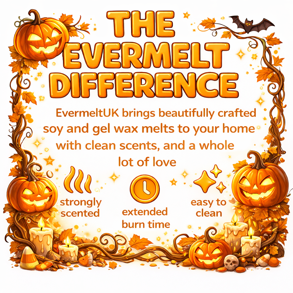 Promotional graphic for EvermeltUK with pumpkins, candles, and text about their products.