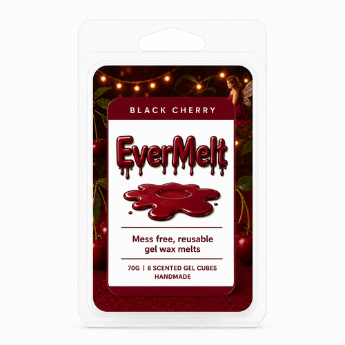 Packaging of EverMelt Black Cherry gel wax melts with cherry graphics on a white background