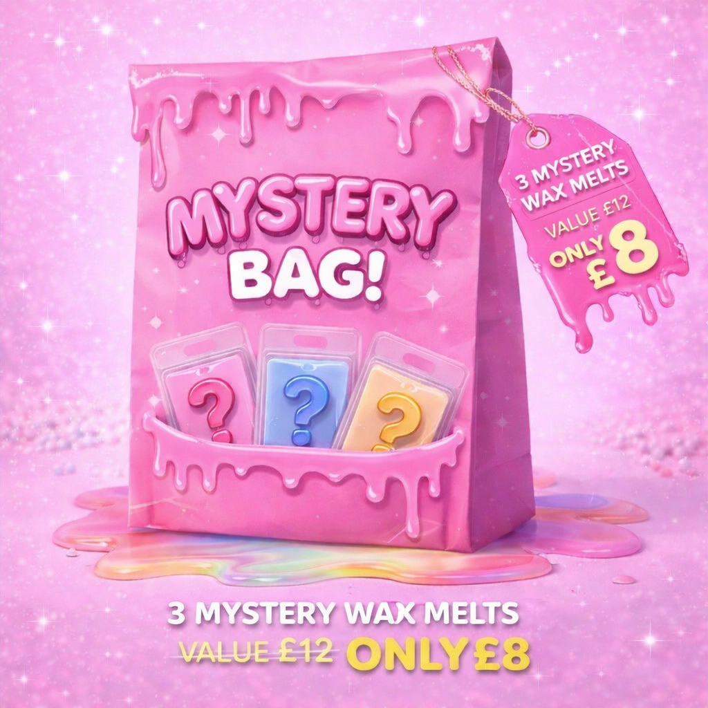 Pink mystery bag with three mystery wax melts on a pink background