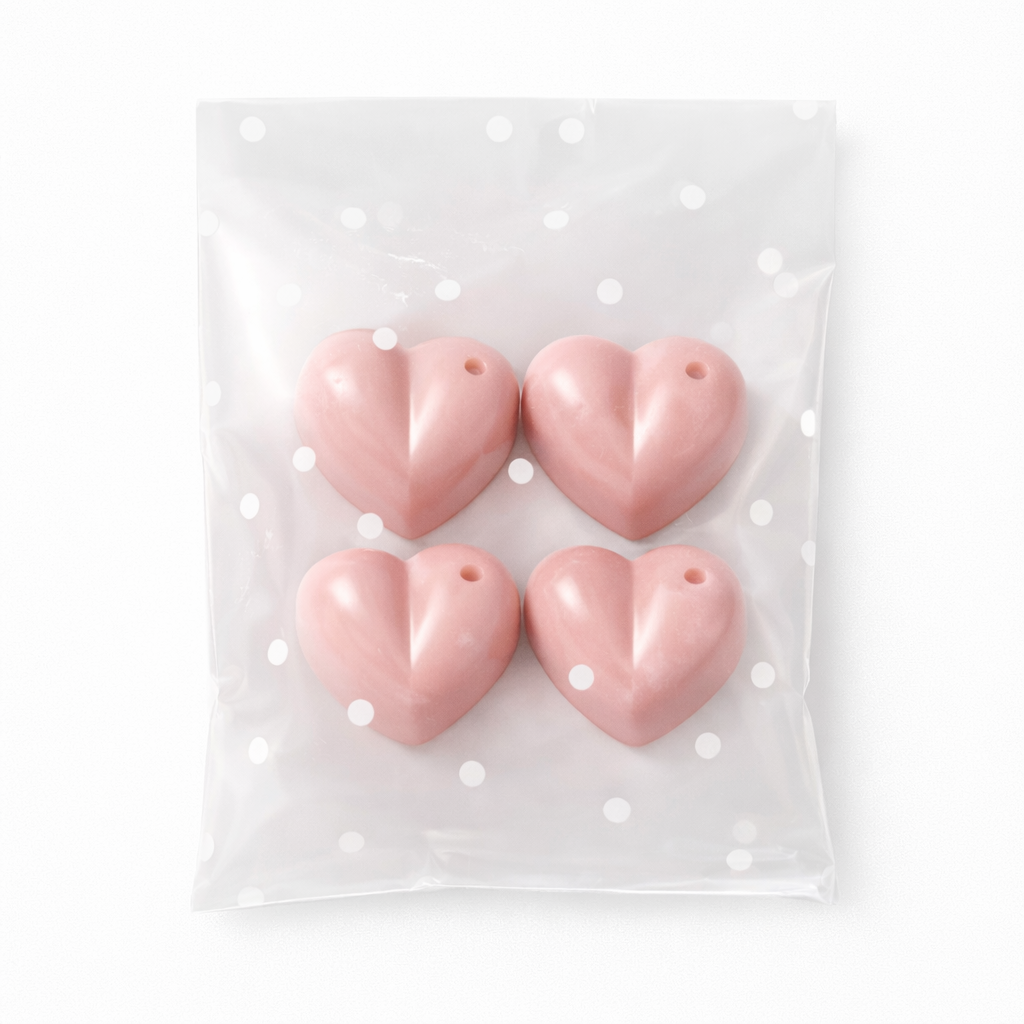Four pink heart-shaped wax melts in a clear plastic bag with white polka dots on a white background