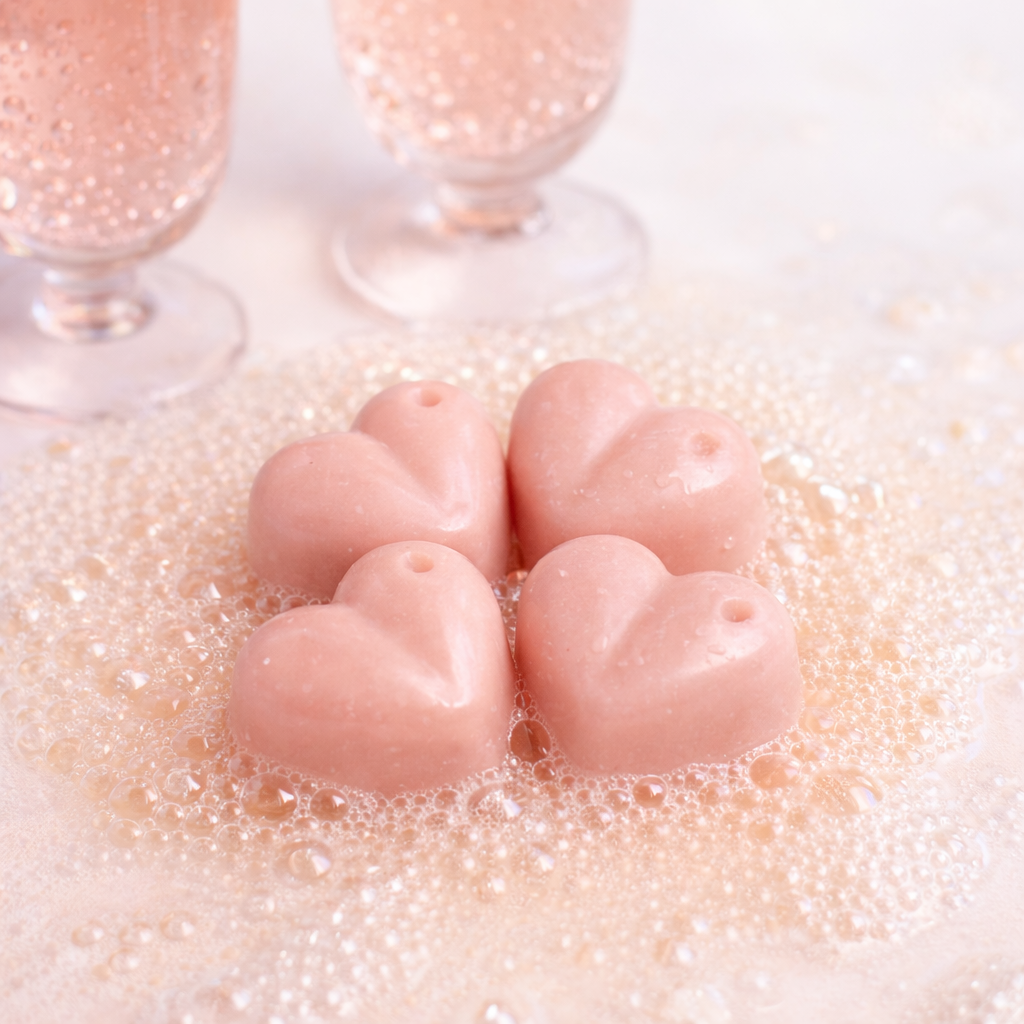 Pink heart-shaped wax melts in a bubble bath with glasses in the background