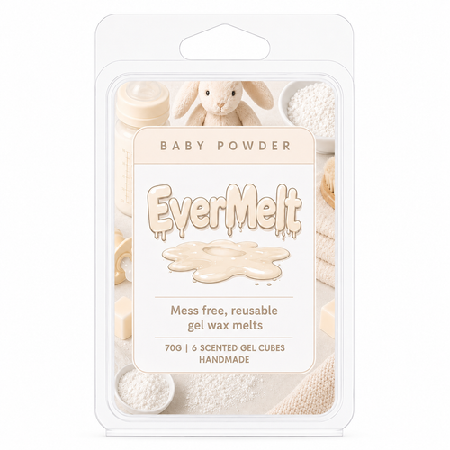 Pack of EverMelt baby powder scented wax melts with packaging design.