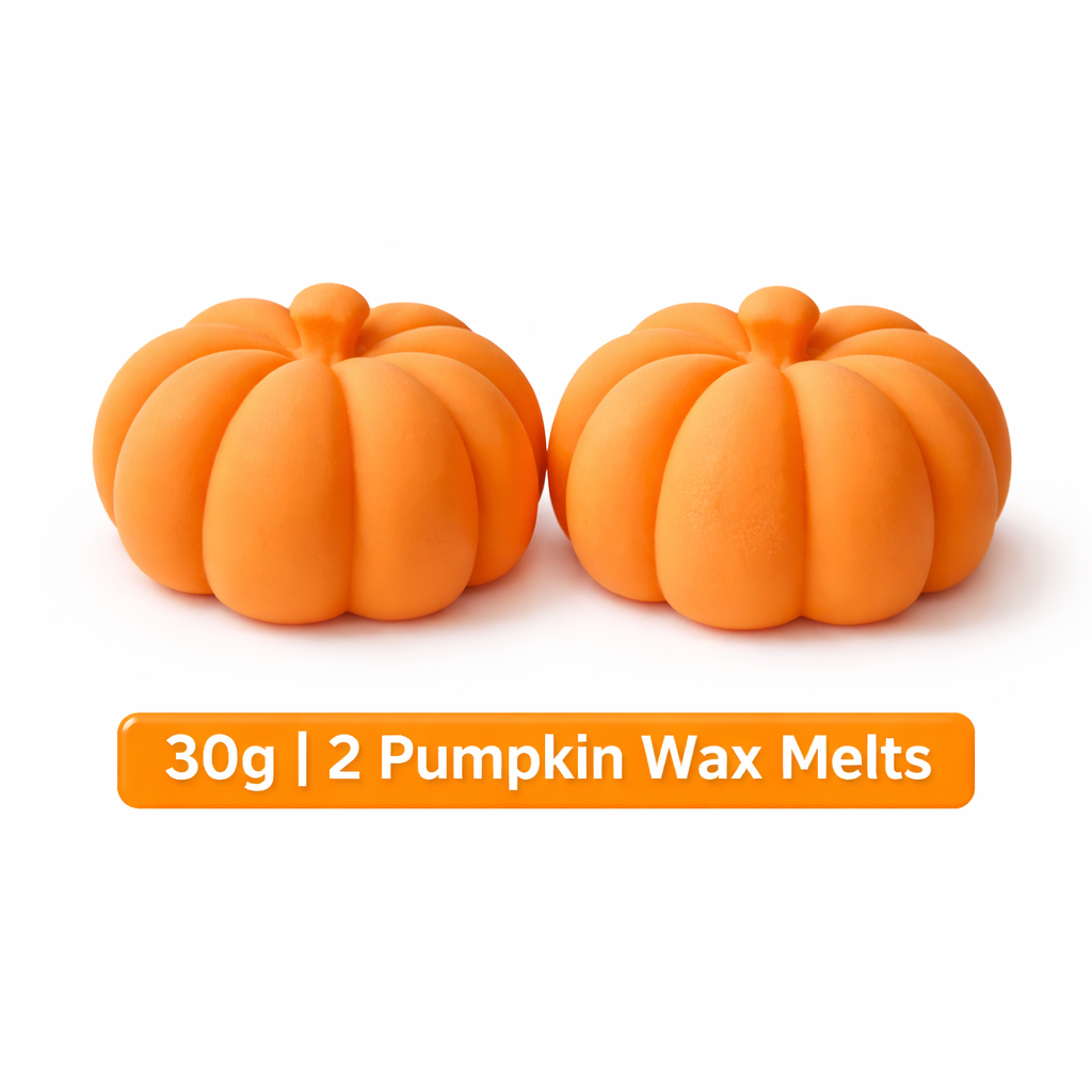 Two pumpkin-shaped wax melts on a white background with text indicating weight and quantity.