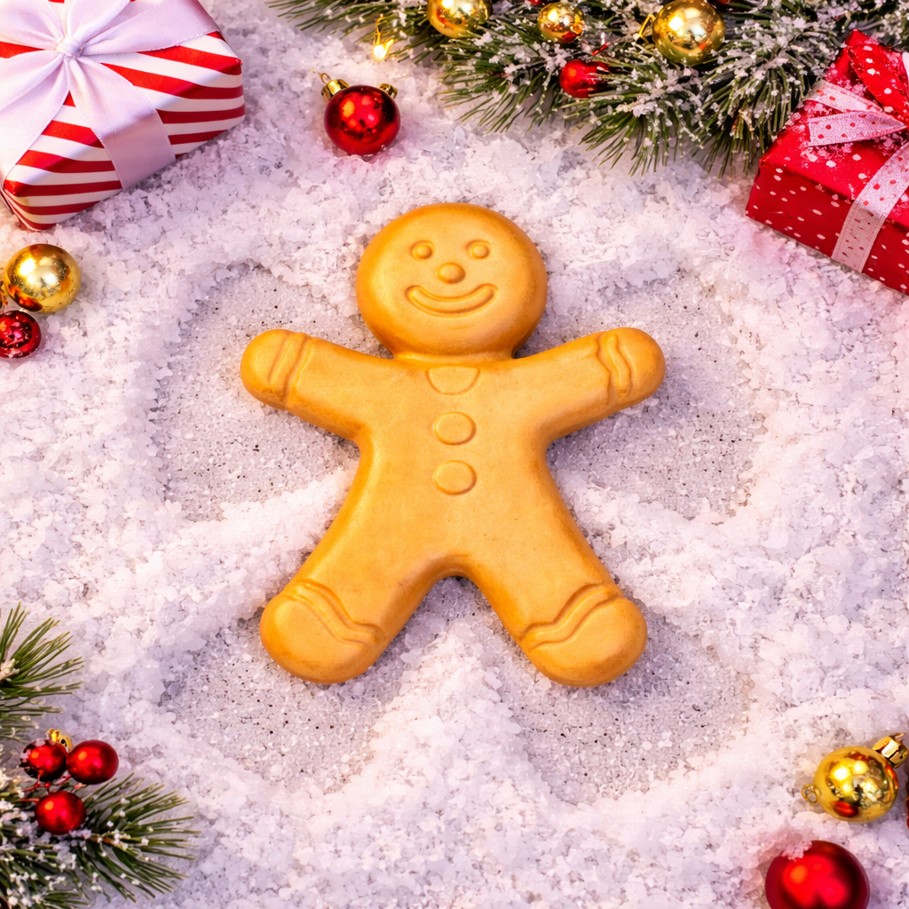 Gingerbread man wax melt on a snowy background with Christmas decorations