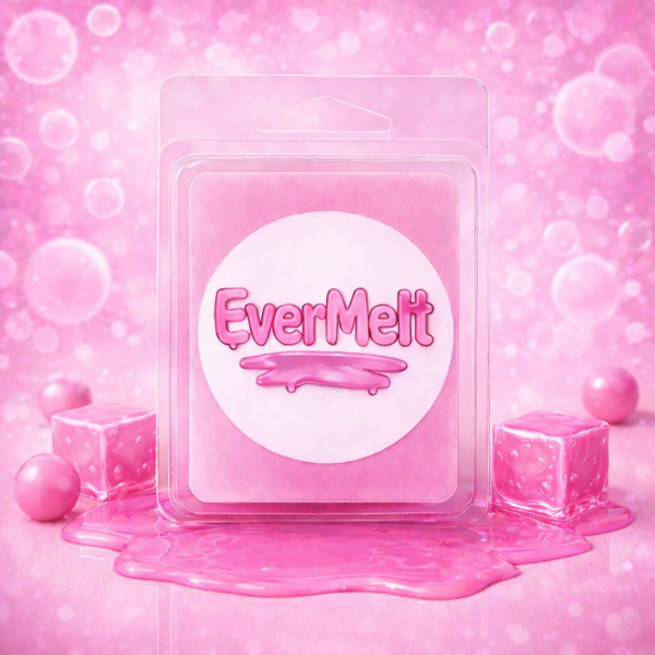EverMelt product packaging on a pink background with bubbles and melted wax effect.