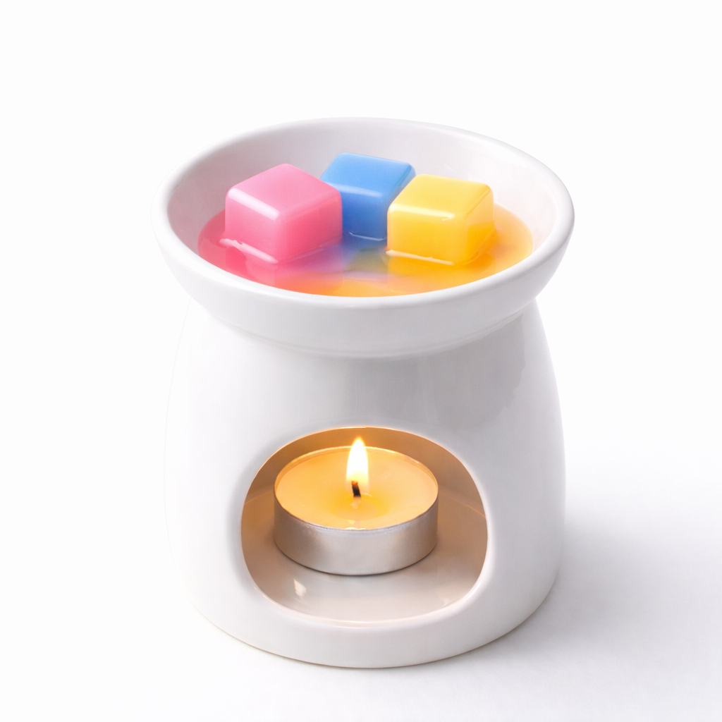 White wax warmer with colorful wax cubes and a lit candle on a white background