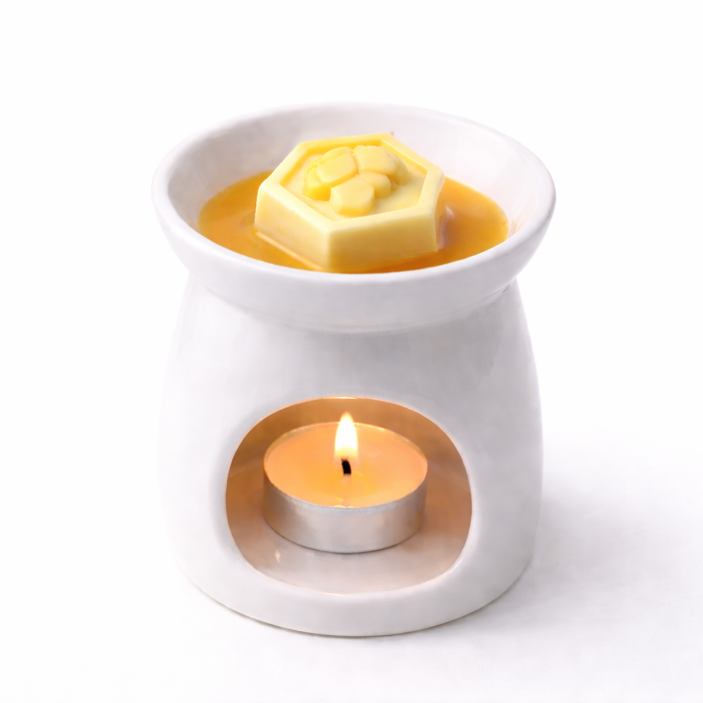 White wax warmer with a lit candle and a square of wax on a white background