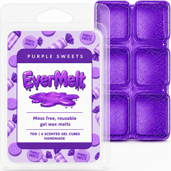 Purple Sweet wax melts packaging with 'EverMelt' branding on a white background