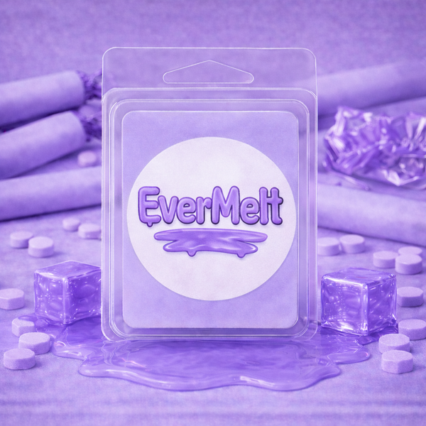 Packaging of EverMelt product with purple theme and scattered wax melts on a matching background.