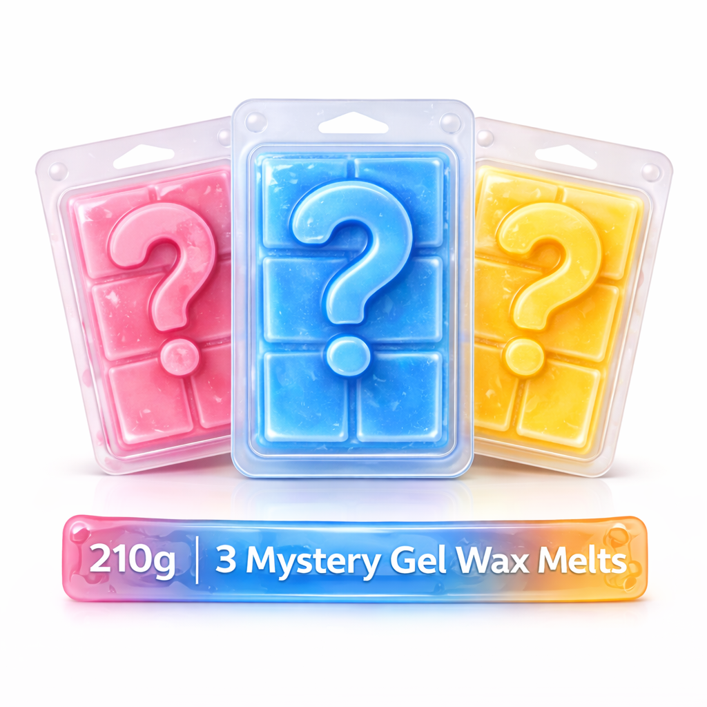 Three mystery gel wax melts in pink, blue, and yellow packaging with question marks on a white background.