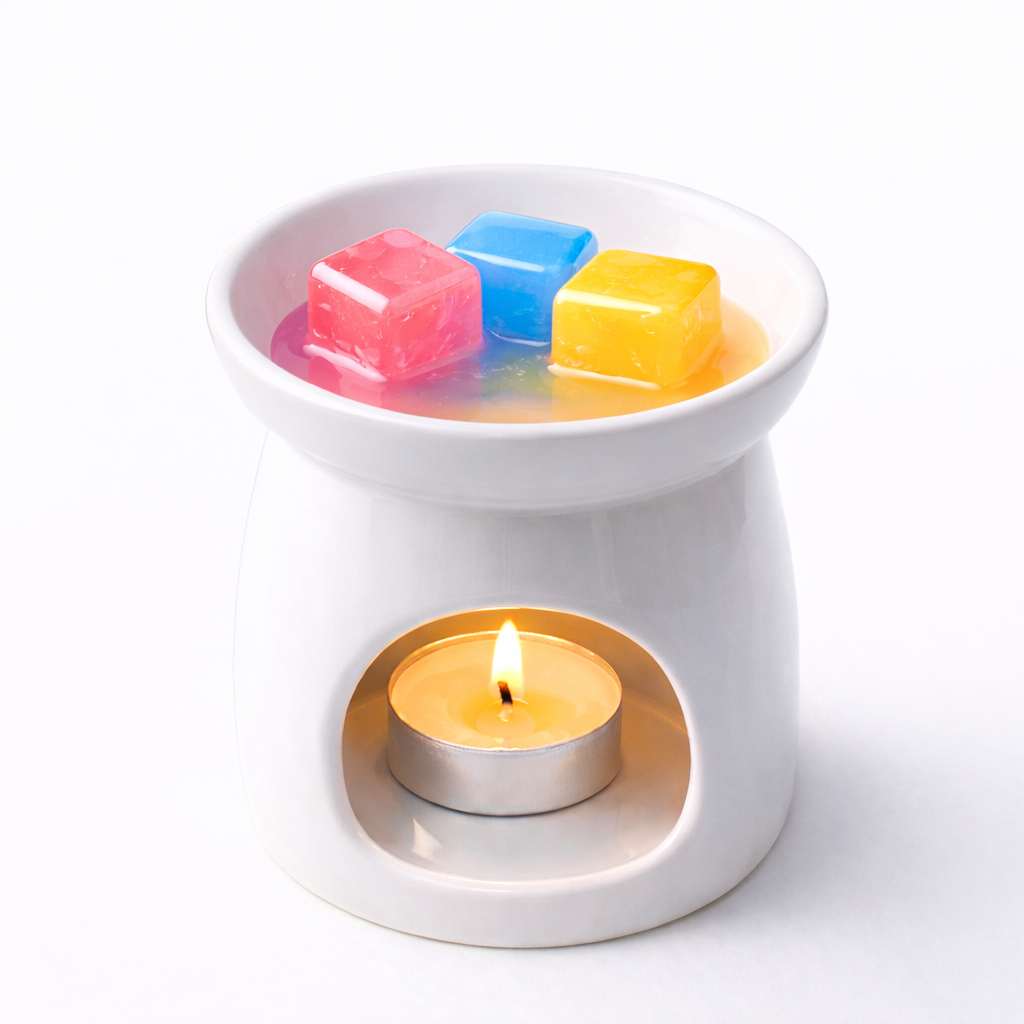 White wax warmer with colorful wax cubes and a lit candle inside on a white background